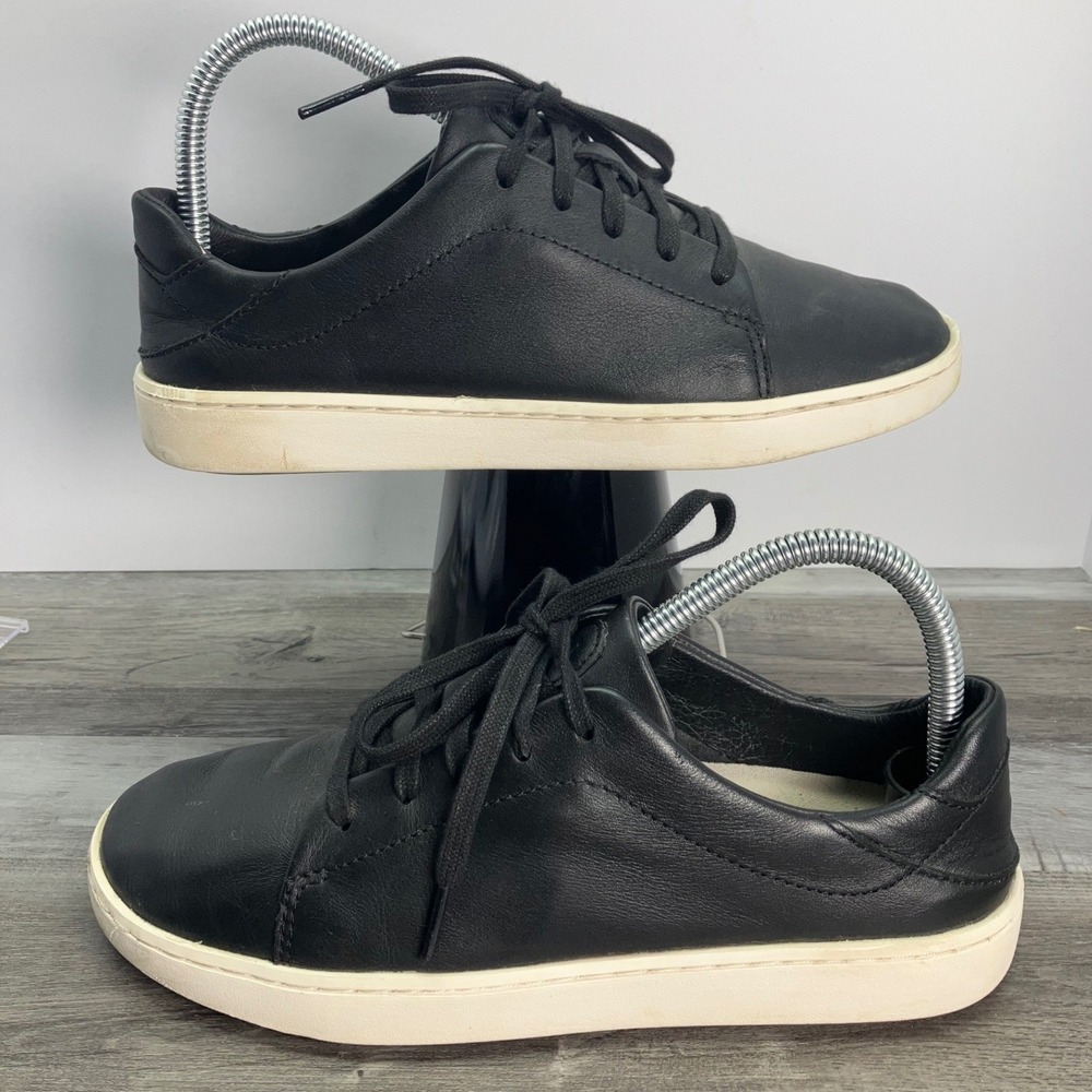 OluKai Pehuea Li 'Ili Black Leather Lace Up Sneakers Womens 7.5 20433-40V2